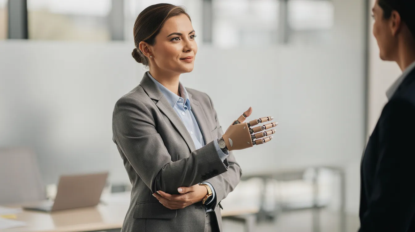 Na zdjęciu widoczna jest elegancko ubrana osoba rozmawiająca w biurze, której dłoń w naturalnej pozycji sugeruje użycie estetycznej protezy ręki, idealnie dopasowanej do jej stylu życia. Proteza ta, będąca nowoczesnym rozwiązaniem protetycznym, zapewnia komfort oraz funkcjonalność w codziennych czynnościach.