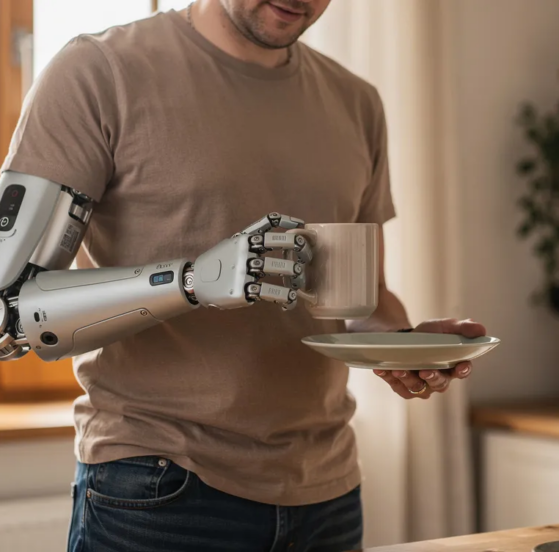 mężczyzna z mechaniczną protezą ręki pije napój z kubka