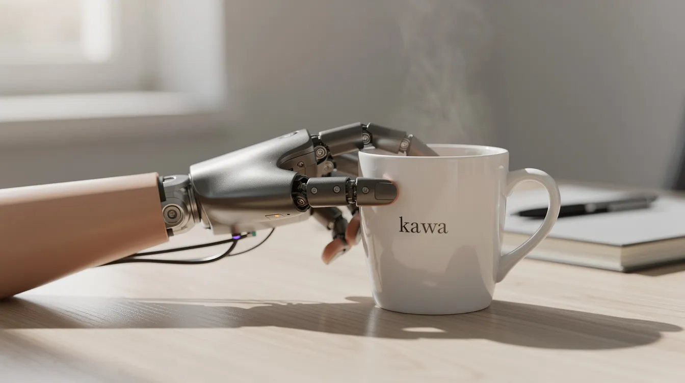 Na biurku znajduje się kubek, który jest chwytany przez dłoń nowoczesnej protezy mioelektrycznej. Proteza, działająca dzięki impulsom mięśniowym, wykonuje precyzyjne ruchy, umożliwiając codzienne czynności osobie po amputacji kończyny górnej.