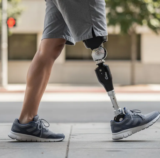Na chodniku spaceruje osoba z protezą nogi, nosząc stabilne buty ortopedyczne, które zapewniają komfort i bezpieczeństwo podczas codziennej aktywności. Buty te są dopasowane do indywidualnych pomiarów stóp, co pozwala na lepszą stabilność i odciążenie kończyny dolnej.