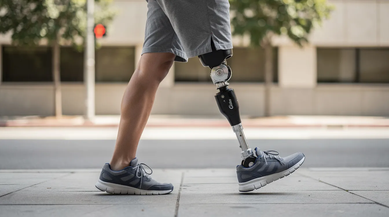Na chodniku spaceruje osoba z protezą nogi, nosząc stabilne buty ortopedyczne, które zapewniają komfort i bezpieczeństwo podczas codziennej aktywności. Buty te są dopasowane do indywidualnych pomiarów stóp, co pozwala na lepszą stabilność i odciążenie kończyny dolnej.