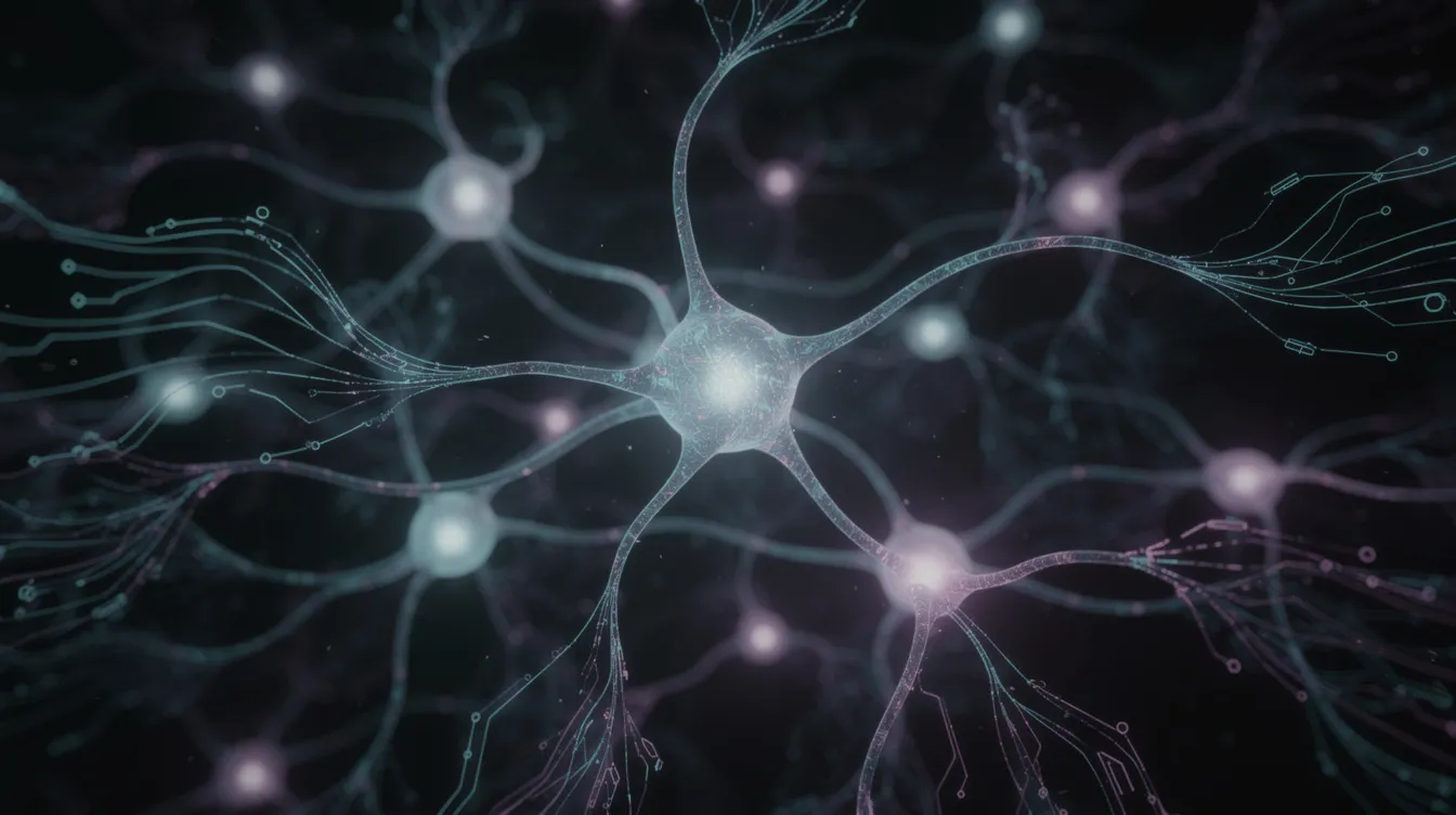 Abstrakcyjna ilustracja sieci neuronów na niebieskim tle.