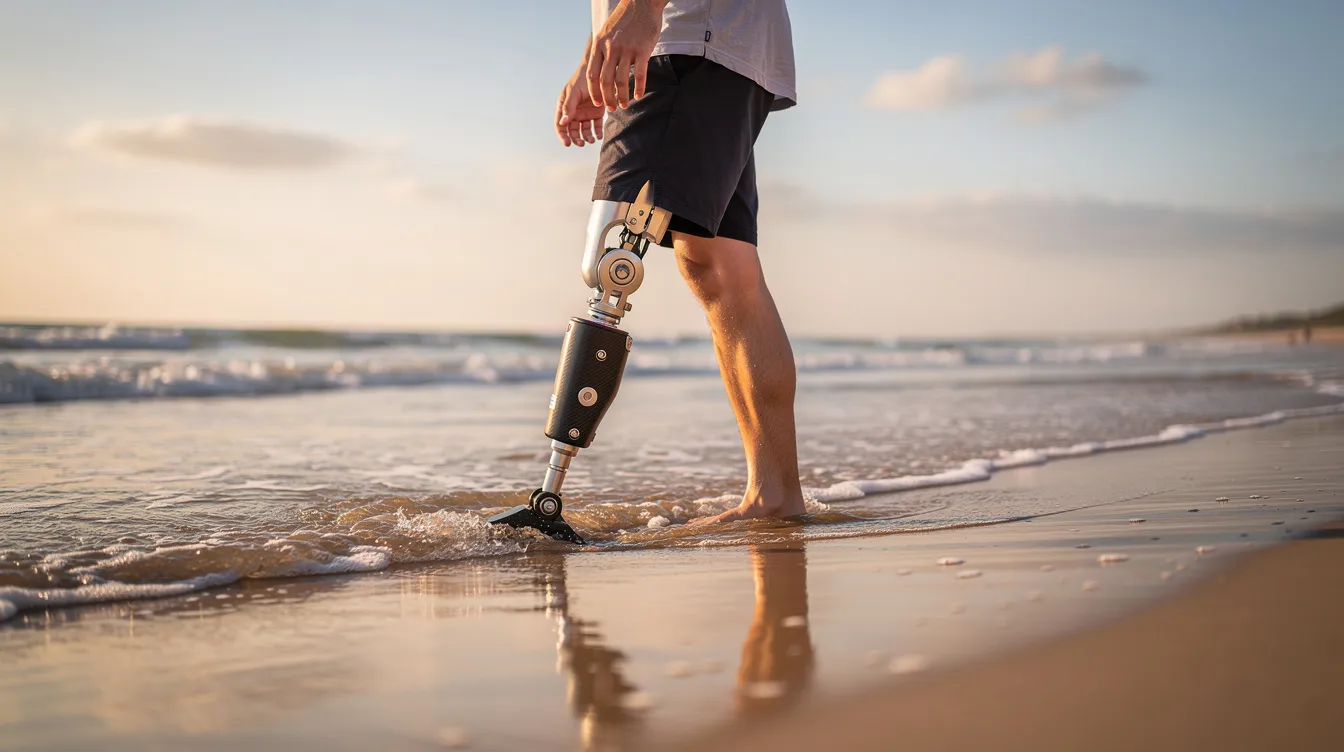 Osoba z protezą nogi stoi w płytkiej wodzie na piaszczystej plaży.