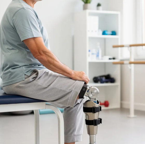 Osoba po amputacji odpoczywa w pozycji siedzącej w sali rehabilitacyjnej.